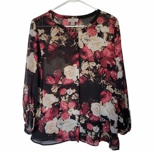 Loft Sheer Floral Long Sleeve Button Blouse